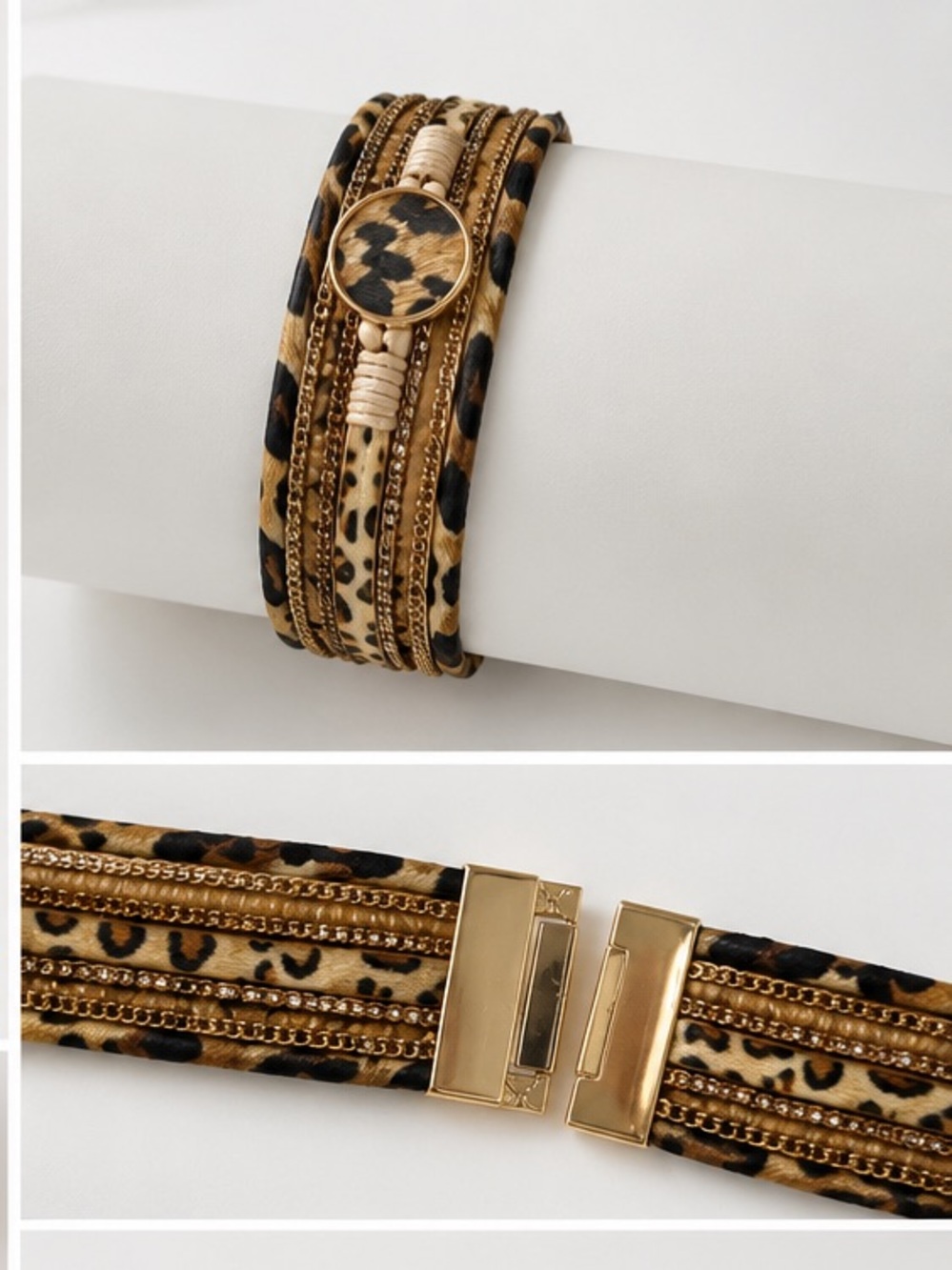 Leopard leather faux hair calf Wrap Bracelet - Picture 2 of 7